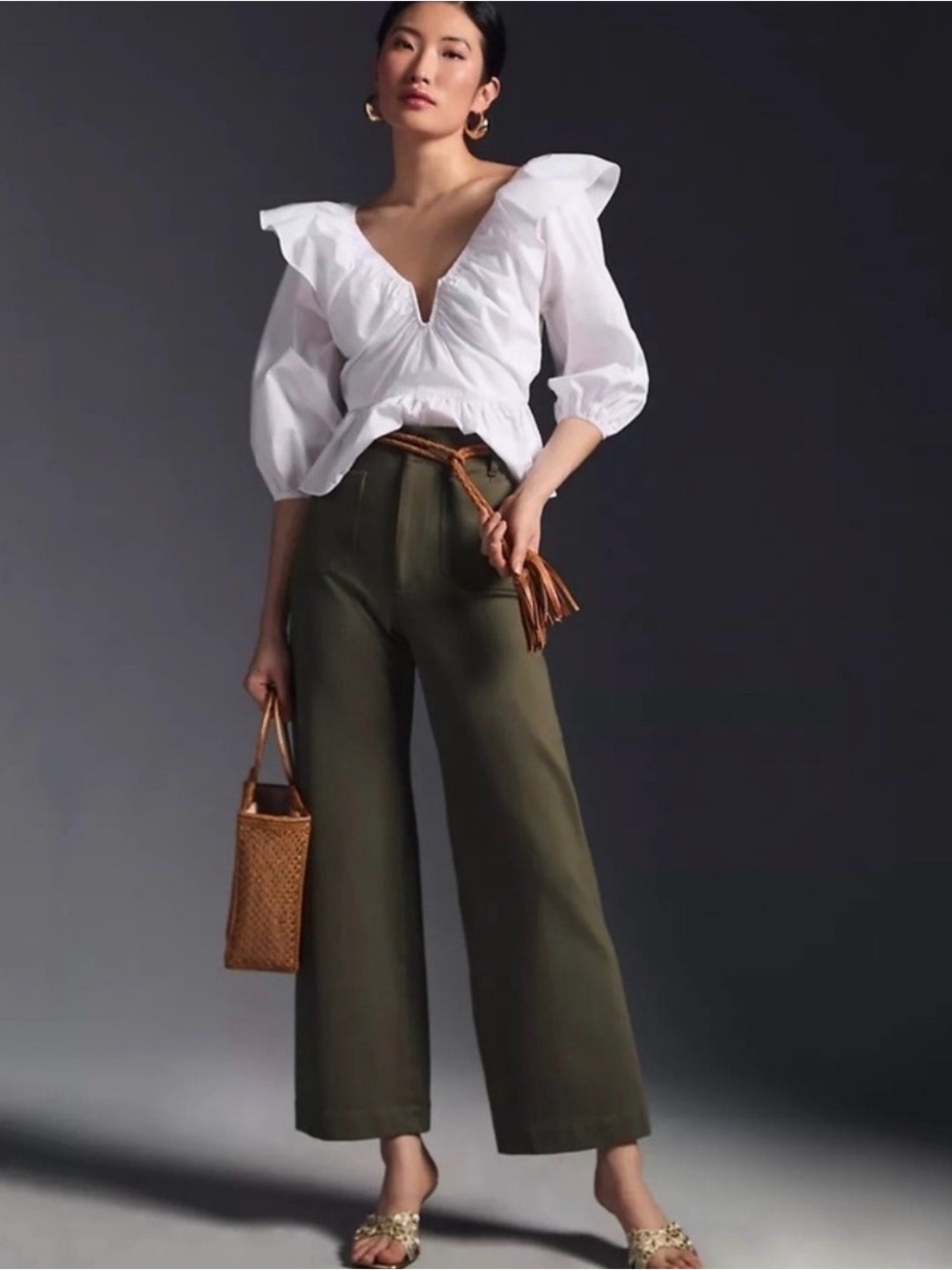 Anthropologie Maeve Colette Cropped Wide Leg Pant Ponte Olive Green 29P Stretch